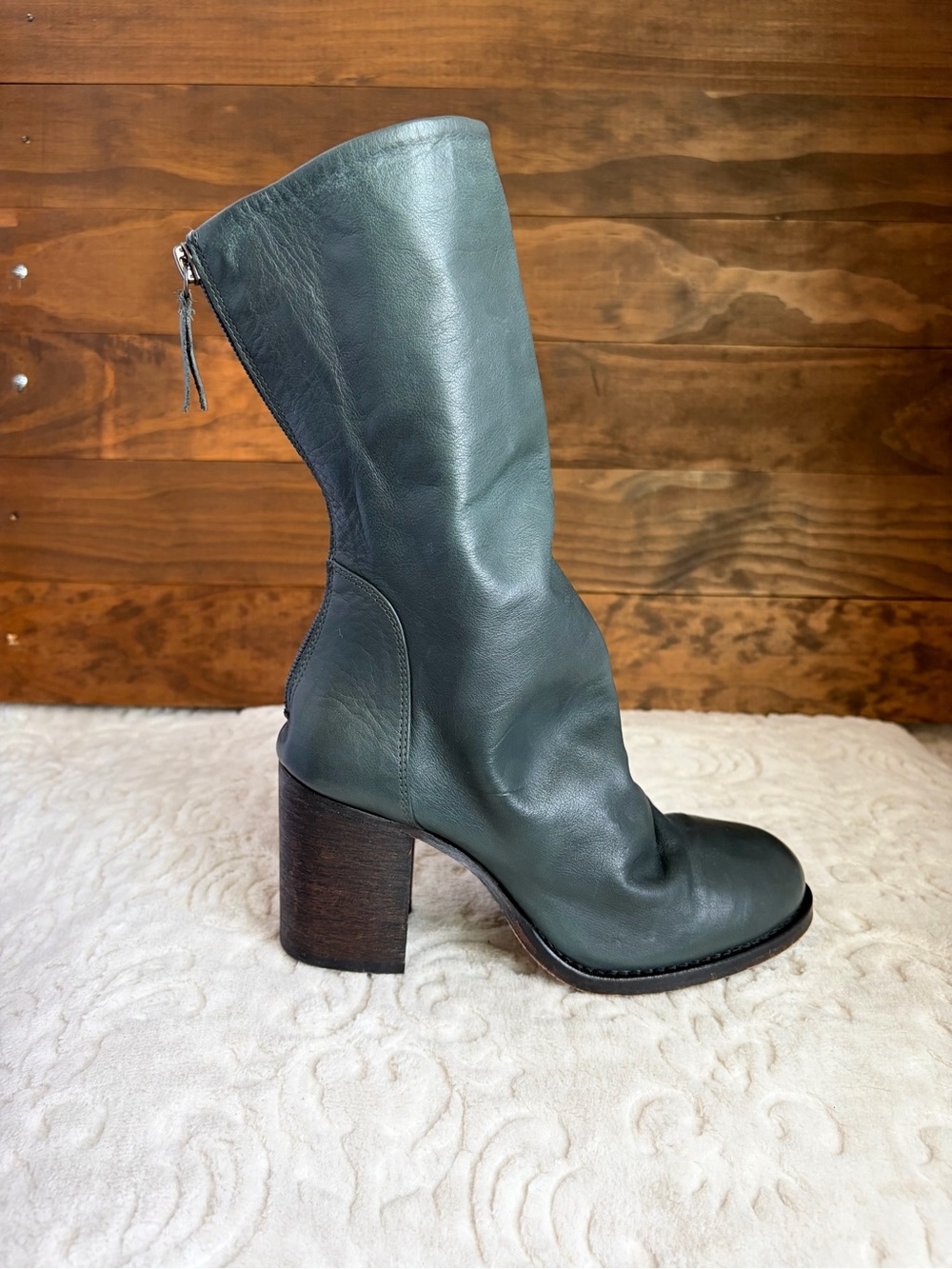 FREE PEOPLE Elle Block Heel Boots Sz 37 US 7 Teal Leather Slouch Leather Boho - Picture 7 of 16